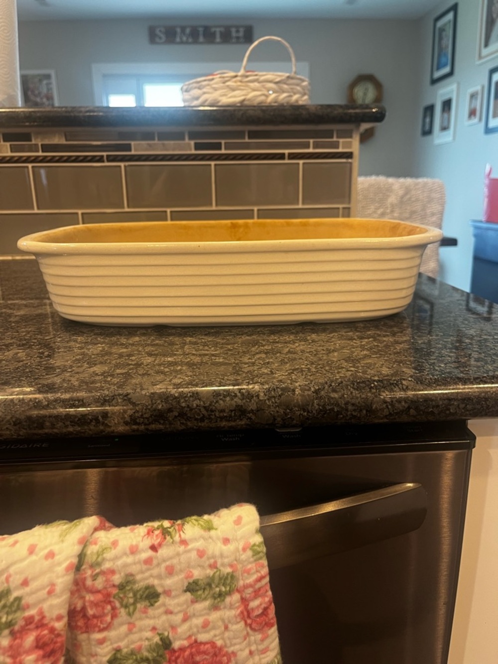 The Pampered Chef Cream Ceramic Rectangular Baker with Yellow Interior
